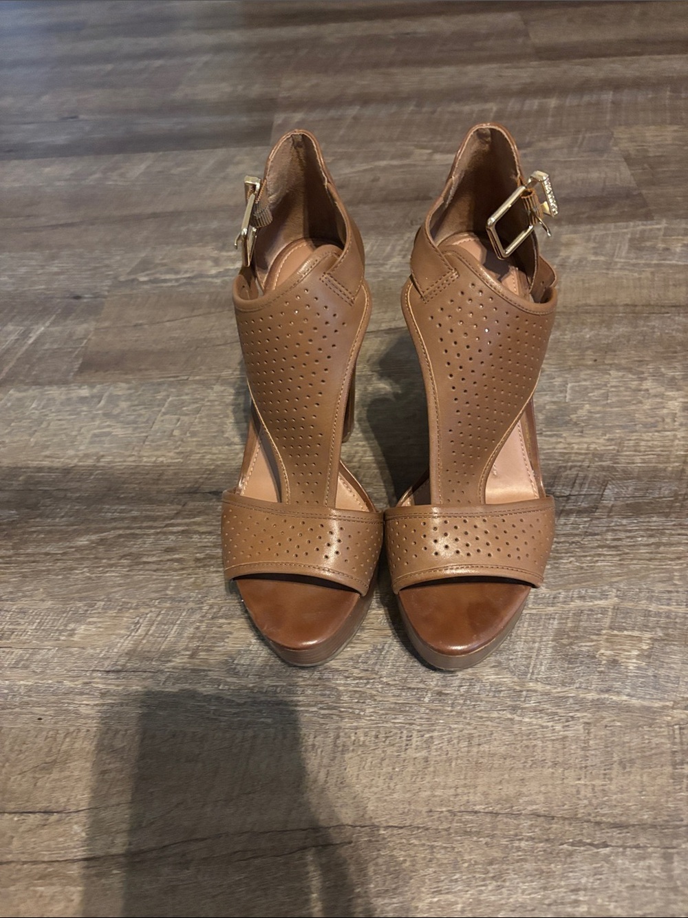 Gianni Bini Tan Perforated Open-Toe Ankle Strap Heels